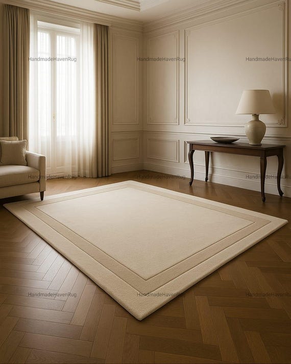 Minimalist Cream Wool Area Rug, Neutral Beige Hand Tufted Carpet, Modern Border Rug for Living Room Bedroom Decor