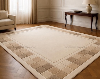 Handmade Wool Area Rug | Modern Minimal Border, Neutral Beige