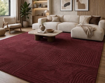 Modern Hand Tufted Wool Rug, Burgundy Geometric Rug, Abstract Embossed Carpet, Luxury Living Room Area Rug, Custom Size Rug