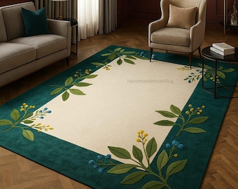Handgetuft tapijt met groene bloemenrand, tapijt van botanische wol, crème woonkamertapijt, modern, op de natuur geïnspireerd handgemaakt tapijt