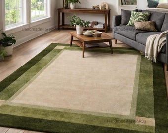 Green Border Area Rug, Handmade Wool Rug, Modern Minimalist Living Room Carpet, Cream Center Geometric Frame Rug, Contemporary Home Decor