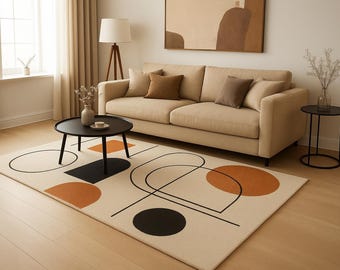 Modern Geometric Abstract Rug – Beige Orange Black Minimalist Rectangular Carpet for Living Room Decor