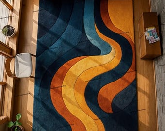 Mid Century Modern Abstract Rug, Retro Wave Pattern Carpet, Teal Blue Mustard Orange Area Rug, Living Room Statement Rug, Geometric Floor