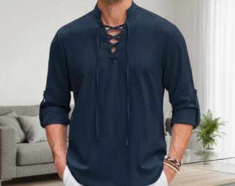 Mens Medieval Renaissance Viking Shirt, Pirate Long Sleeve Cotton Linen Halloween Cosplay Costume