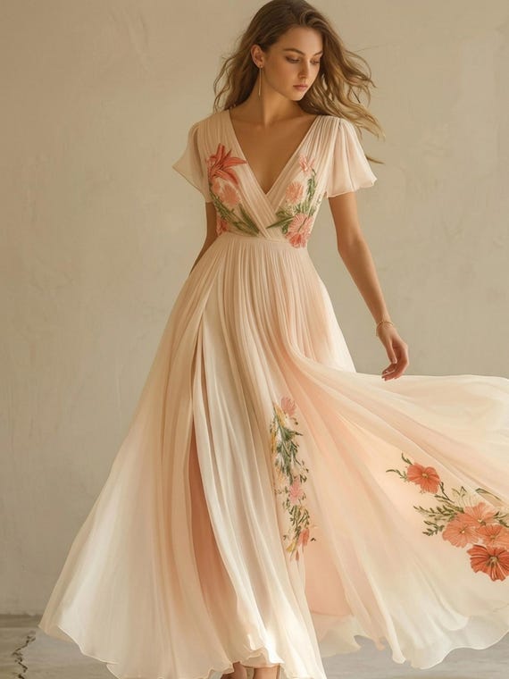 Floral Boho Summer Dress Women 2025 V Neck High Waist Midi Dress Short Sleeve Vacation Beach Holiday Party Outfit