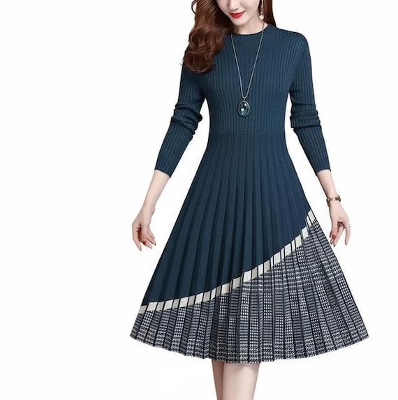 designer sweater dress women Luxury Wool Knitted Sweater Dress | Elegant Color Block Long Sleeve Dress |  Autumn Winter Designer Style