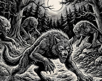 Impressão artística de um ataque noturno de lobisomens, terror gótico com lobisomem na floresta escura (download digital)