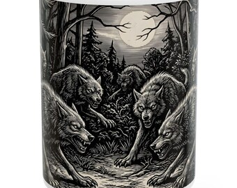 Caneca Lobos Uivando na Floresta Noturna | Caneca de Cerâmica Alcateia de Lobos ao Luar