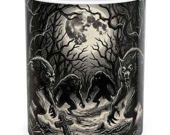 Caneca Cena Noturna de Lobisomem | Envoltório Completo Terror Floresta Luar