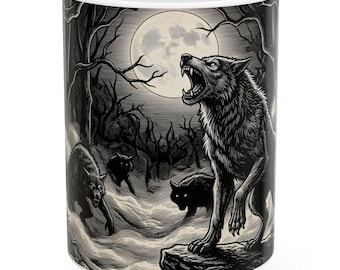 Caneca Alcateia de Lobos Uivando | Caneca de Cerâmica Floresta Iluminada pela Lua