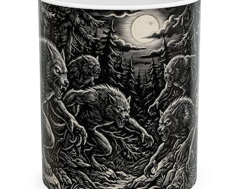 Caneca com Cena de Lobisomem na Floresta | Ilustração Completa de Criatura ao Luar