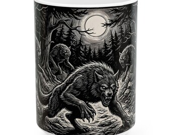 Caneca Lobisomem da Lua Cheia | Ilustração de Lobo da Floresta Negra à Noite