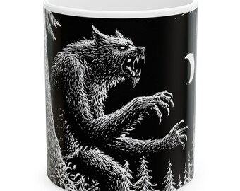Caneca de cerâmica Lobisomem - Arte de terror em preto e branco