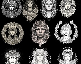 Pacote com 10 imagens PNG de Deusa Gótica, Clipart de Bruxa Oculta, Arte da Mulher da Lua. (Download Digital)
