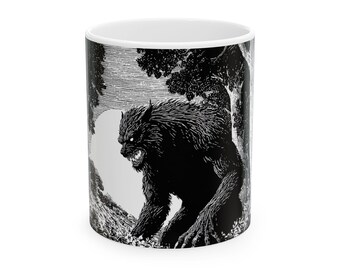 Caneca de café de cerâmica com tema de lobisomem: utensílio para bebidas gótico assustador.