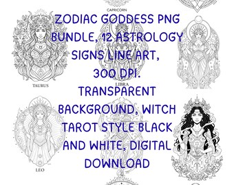 Pacote de ilustrações em PNG de deusas do zodíaco, estilo tarô de bruxa (download digital)