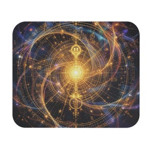 以下が含まれることがあります： 詳細な金と青の天体デザインが施された長方形のマウスパッド。アートワークには、同心円、渦巻くパターン、中心の明るい光が含まれており、宇宙のエネルギーと神秘感を醸し出しています。