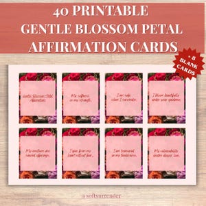 以下が含まれることがあります： 「Gentle Blossom Petal Affirmation Cards」のテキストが入った、40枚の印刷可能なアファメーションカードのセット。各カードは花の背景と肯定的なアファメーションが特徴です。空白のカードが8枚含まれています。カードは柔らかくフェミニンな美学でデザインされています。