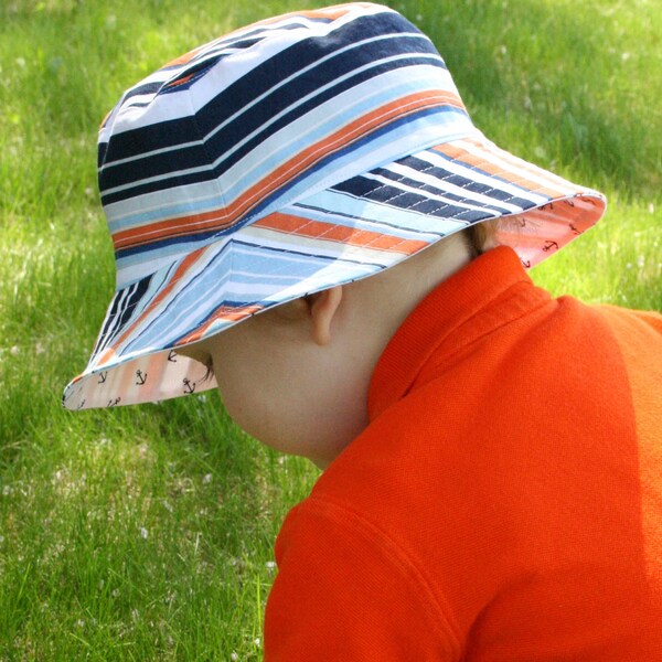 boy sun hat, nautical anchor stripe, reversible, 5 sizes