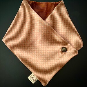 Può includere: Sciarpa reversibile a forma di bavaglino con un motivo a righe marroni e bianche su un lato e un tessuto di velluto a coste marrone tinta unita sull'altro. La sciarpa è fissata con un bottone scuro. È attaccata una piccola etichetta con la scritta "SARI".