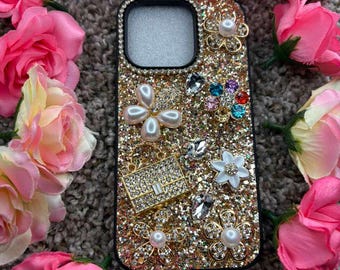 Golden Blossom Luxury Crystal Phone Case – Elegant Rhinestone Design | Protective Glam Case for iPhone