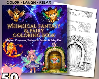 Libro para colorear de fantasía y hadas, con criaturas mágicas y escenas encantadas. Páginas para colorear. Descarga digital instantánea en PDF.