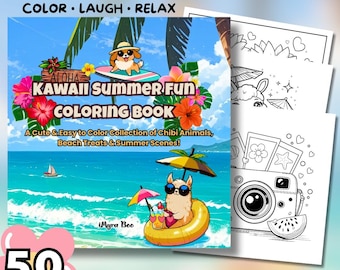 Kawaii Summer Fun Coloring Book, Cute Chibi Animals, Beach Treats and Ocean Scenes Coloring Pages, Digital Download Printable PDF