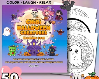 Halloween Coloring Book , Cute and Spooky Halloween Coloring Pages for Kids and Adults, Digital and Printable Pdf Halloween Coloring Fun