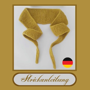Puede incluir: Una diadema tejida de color amarillo mostaza con textura de punto bobo. La diadema presenta dos lazos largos y estrechos que se extienden desde la banda principal. La imagen incluye un pequeño icono de bandera alemana y el texto Strickanleitung.