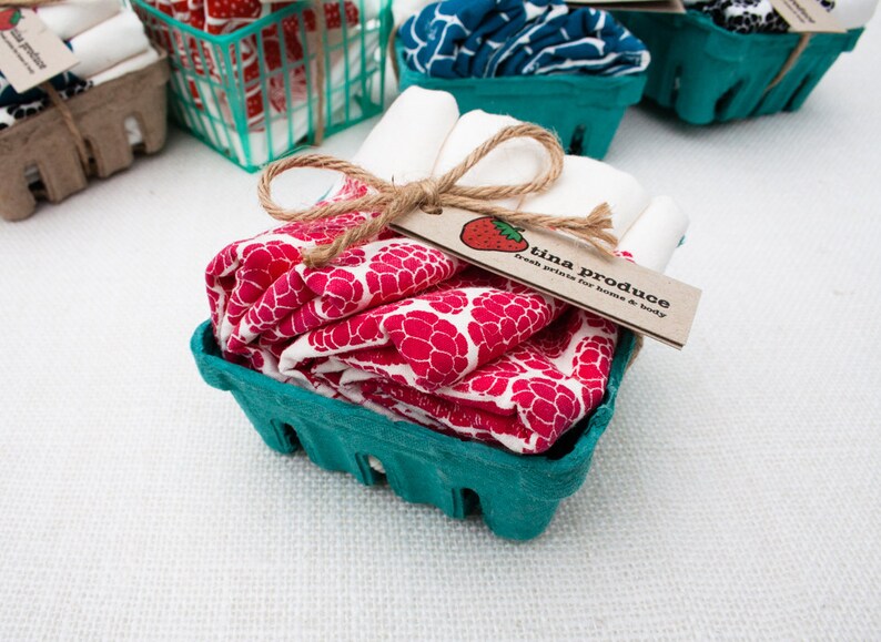 Set of Four Raspberry Basket Flour Sack Napkins Etsy
