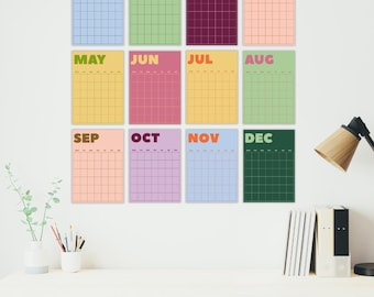 Calendario de pared sin fecha, diseño colorido, calendario de arte moderno, planificador mensual sin fecha, descarga digital, PDF imprimible, tamaño A4 y carta.