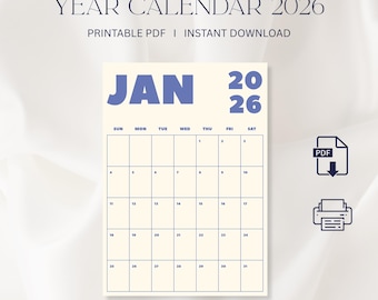 Calendario de pared 2026, planificador mensual 2026, diseño colorido, inicio en domingo, calendario digital, PDF imprimible, tamaño A4, tamaño carta