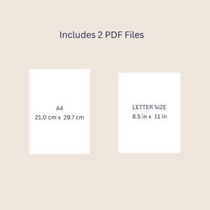 May include: Image shows two PDF files. One is A4 size, measuring 21.0 cm x 29.7 cm. The other is Letter size, measuring 8.5 in x 11 in. The text "Includes 2 PDF Files" is at the top.