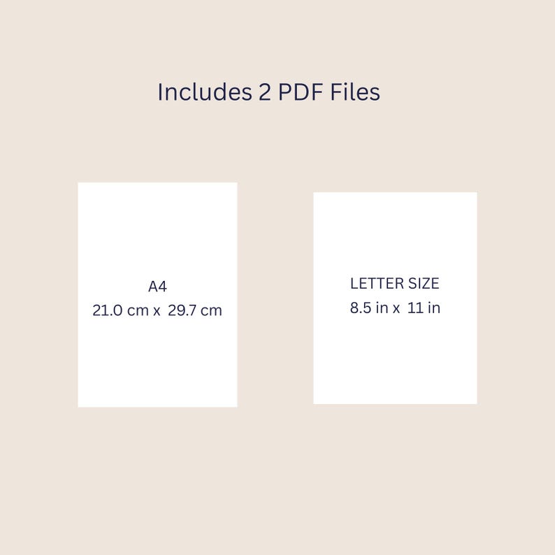 May include: Image shows two PDF files. One is A4 size, measuring 21.0 cm x 29.7 cm. The other is Letter size, measuring 8.5 in x 11 in. The text "Includes 2 PDF Files" is at the top.