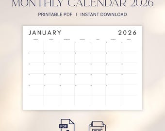 Calendario mensual 2026, minimalista, planificador mensual 2026, horizontal, descarga digital, PDF imprimible, tamaño A4, tamaño carta