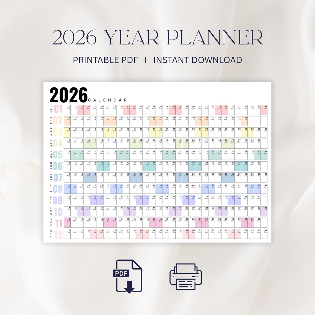 Das Jahr auf einen Blick Kalender, 2026 Druckbarer Jahresplaner, Großer
