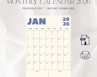 Calendario de pared 2026, planificador mensual 2026, calendario mensual, diseño colorido, inicio en lunes, calendario digital, PDF imprimible, A4, tamaño carta