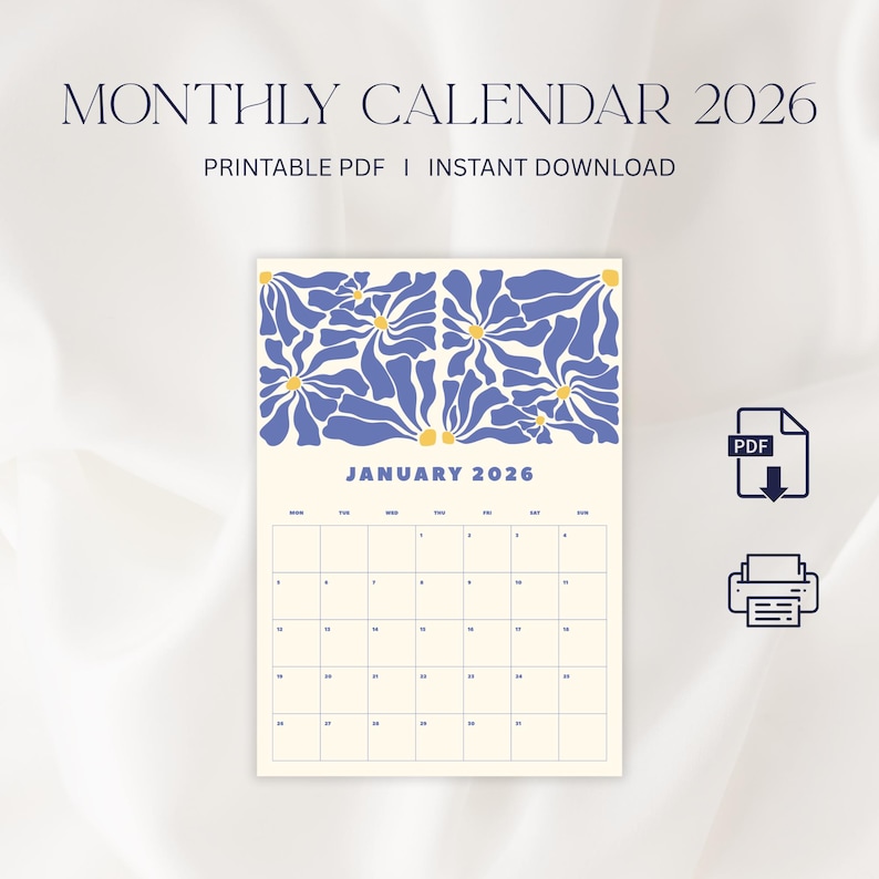May include: A printable PDF monthly calendar for January 2026. The calendar has a cream background with a blue floral design at the top. The text "MONTHLY CALENDAR 2026" is at the top, with "PRINTABLE PDF | INSTANT DOWNLOAD" below.