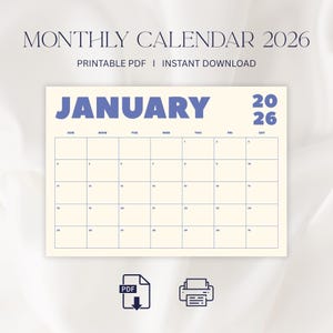 May include: A printable PDF monthly calendar for January 2026. The calendar has a cream background with blue text and grid lines. The text at the top reads "MONTHLY CALENDAR 2026" and "PRINTABLE PDF I INSTANT DOWNLOAD".