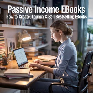 Könnte beinhalten: Eine Frau arbeitet an einem Laptop an einem Schreibtisch, mit dem Text "Passive Income eBooks" oben. Der Laptop-Bildschirm ist beleuchtet, und die Frau trägt ein blaues Hemd. Bücherregale und eine Schreibtischlampe sind im Hintergrund zu sehen.