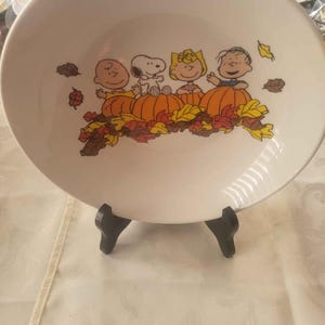 Op de afbeelding: Witte keramische kom met een Peanuts-ontwerp. Charlie Brown, Snoopy, Sally en Linus worden afgebeeld met pompoenen en herfstbladeren. De kom wordt ondersteund door een zwarte standaard, perfect om te serveren of te presenteren.