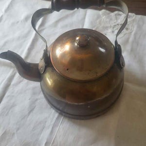 Puede incluir: Una tetera redonda de metal con acabado en cobre pulido, que presenta un pico curvo y un mango de madera de color marrón oscuro. La tetera tiene una tapa extraíble con un pequeño pomo en la parte superior y un marco metálico para el mango.