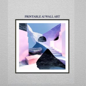 May include: Printable AI wall art featuring an abstract architectural design. The artwork showcases a surreal landscape with geometric shapes in shades of pink, blue, and purple. A staircase leads towards a bright light, with the text "PRINTABLE AI WALL ART" at the top.