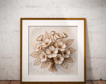 May include: A framed artwork featuring a bouquet of white flowers with brown accents. The flowers are arranged in a bundle, with detailed petals and leaves. The artwork is set against a neutral background and framed in a gold-colored frame.