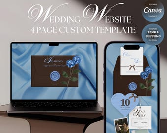 May include: A digital wedding website template shown on a laptop and smartphone. The design includes a brown invitation with blue floral accents and the text "Wedding Website" and "4 Page Custom Template". Includes "Canva Template" and "Custom RSVP & Blessing DIY Form".