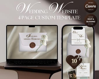 May include: A laptop and smartphone display a wedding website template. The laptop shows an invitation design with a wax seal and roses. The phone displays RSVP and blessing forms. Text includes "Wedding Website" and "4 Page Custom Template."