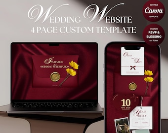 Può includere: Un modello di sito web di matrimonio è visualizzato su un laptop e uno smartphone. Il design presenta uno sfondo bordeaux con un sigillo di cera dorato e fiori gialli. Il testo include "Wedding Website" e "4 Page Custom Template."