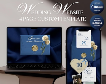 May include: A laptop and smartphone display a wedding website template. The laptop shows a blue invitation design with floral accents. The smartphone showcases RSVP and blessing forms. Text includes "Wedding Website" and "4 Page Custom Template."