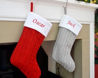 Personalised Embroidered Christmas Stocking –  Luxury Knitted With Name – Red or Silver Design – UK Gift