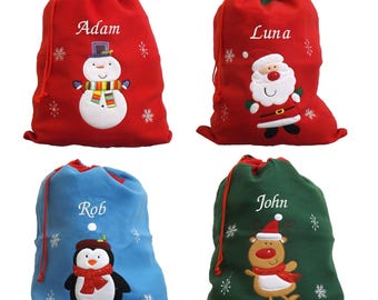 Personalised Embroidered Luxury Santa Sack Christmas With Name – Santa, Snowman, Penguin or Reindeer Design – UK Gift Bag
